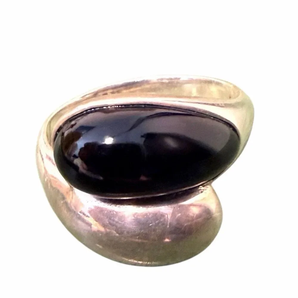 Sterling Silver Sculptural Ring with Black Cabochon